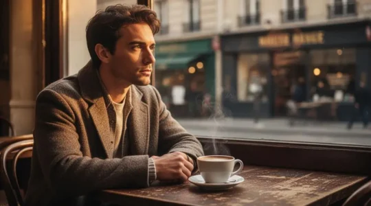 Entrepreneur français pensif observant la rue depuis une fenêtre de café, en quête d'une idée de business viable