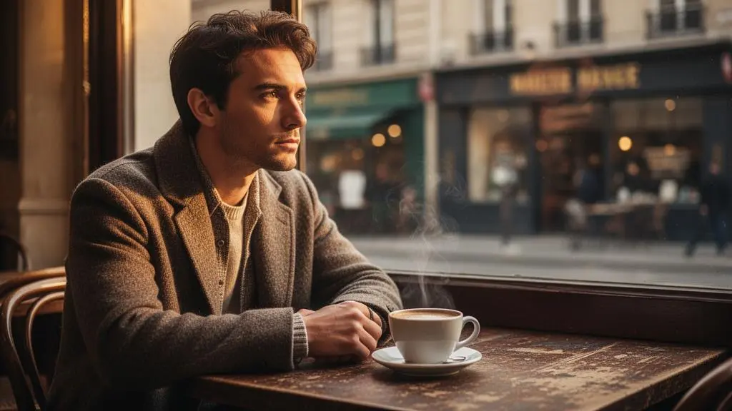 Entrepreneur français pensif observant la rue depuis une fenêtre de café, en quête d'une idée de business viable