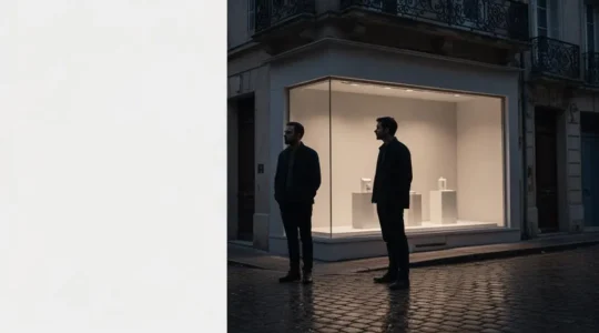 Entrepreneur observant une vitrine de petite boutique française vide au petit matin, symbolisant l'incertitude avant de valider une demande réelle