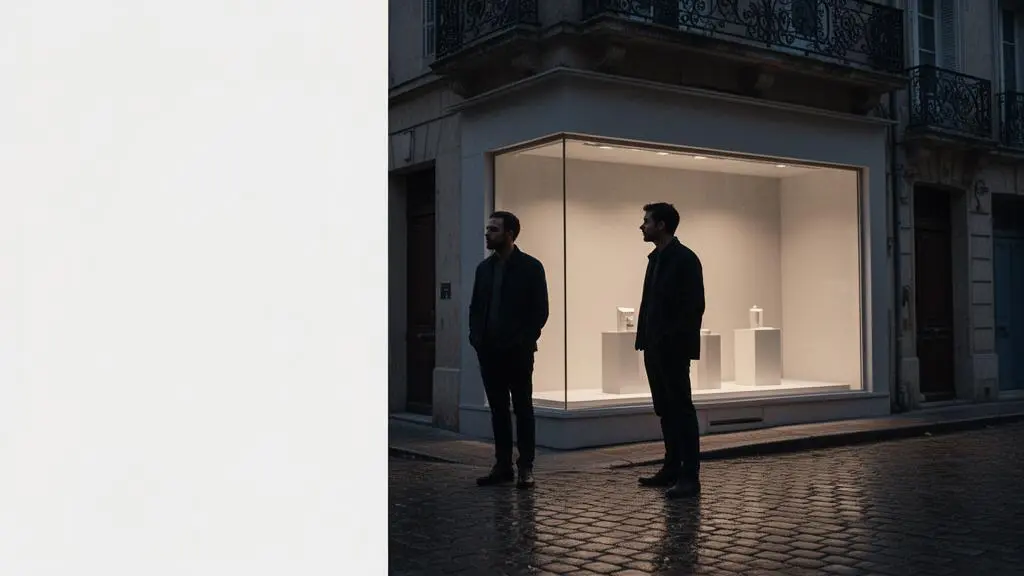 Entrepreneur observant une vitrine de petite boutique française vide au petit matin, symbolisant l'incertitude avant de valider une demande réelle