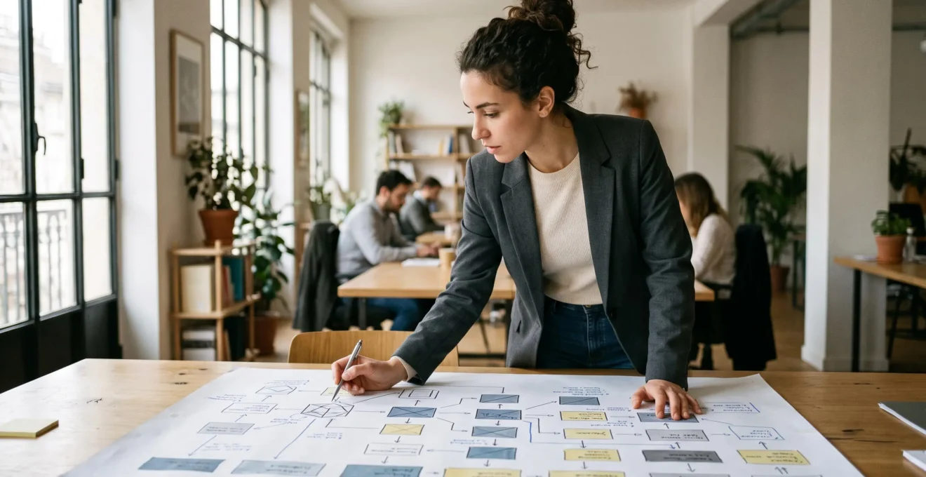 Entrepreneur examinant une feuille de route de projet sur une table dans un espace de co-working moderne.