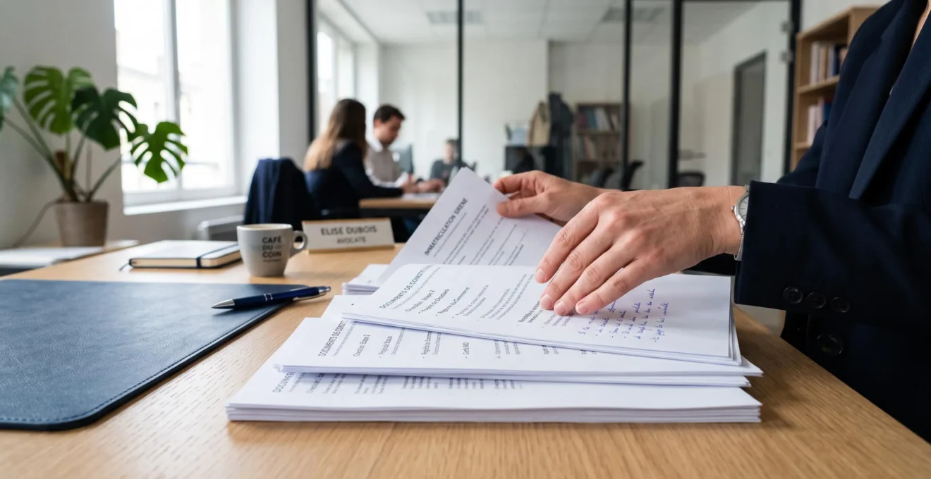 Mains organisant méticuleusement des documents administratifs sur un bureau propre.