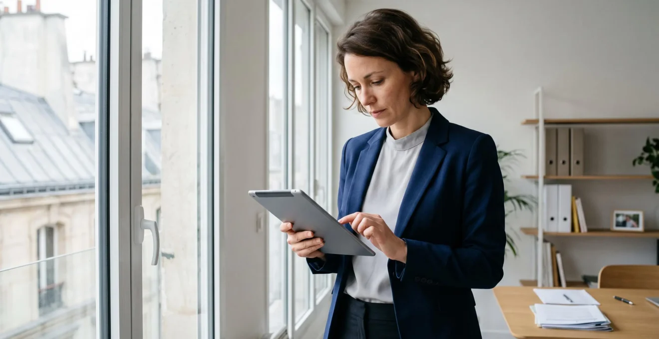 Professionnel vérifiant une liste d'exigences sur une tablette dans un intérieur lumineux.